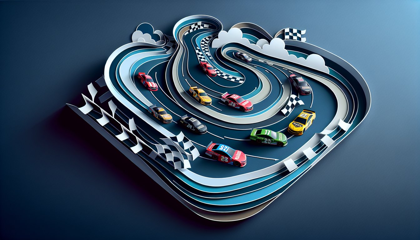Paper art quiz illustration with NASCAR trivia theme on a dark blue background