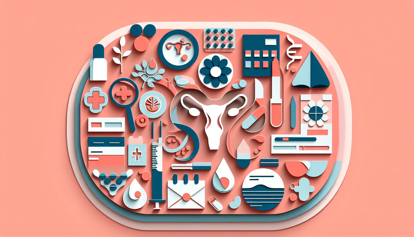 Paper cut illustration of quiz checklist with ovarian icons and pen on coral background