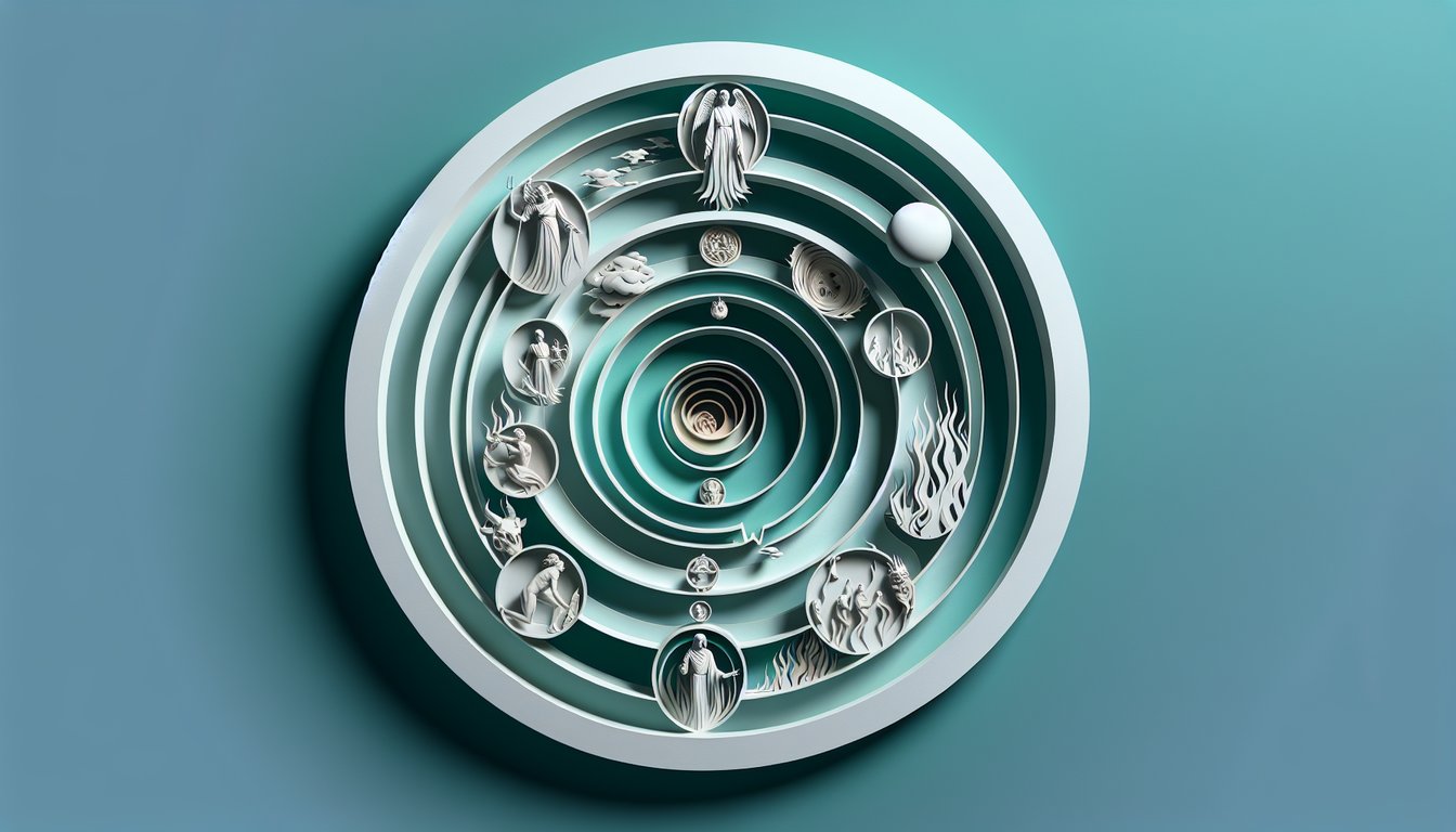 Illustration of Dantes Inferno quiz concept with seven circles of hell on a teal background.