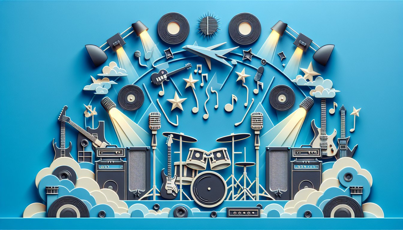 Paper art of Motley Crue original members silhouettes with guitar drums microphone quiz banner on sky blue background