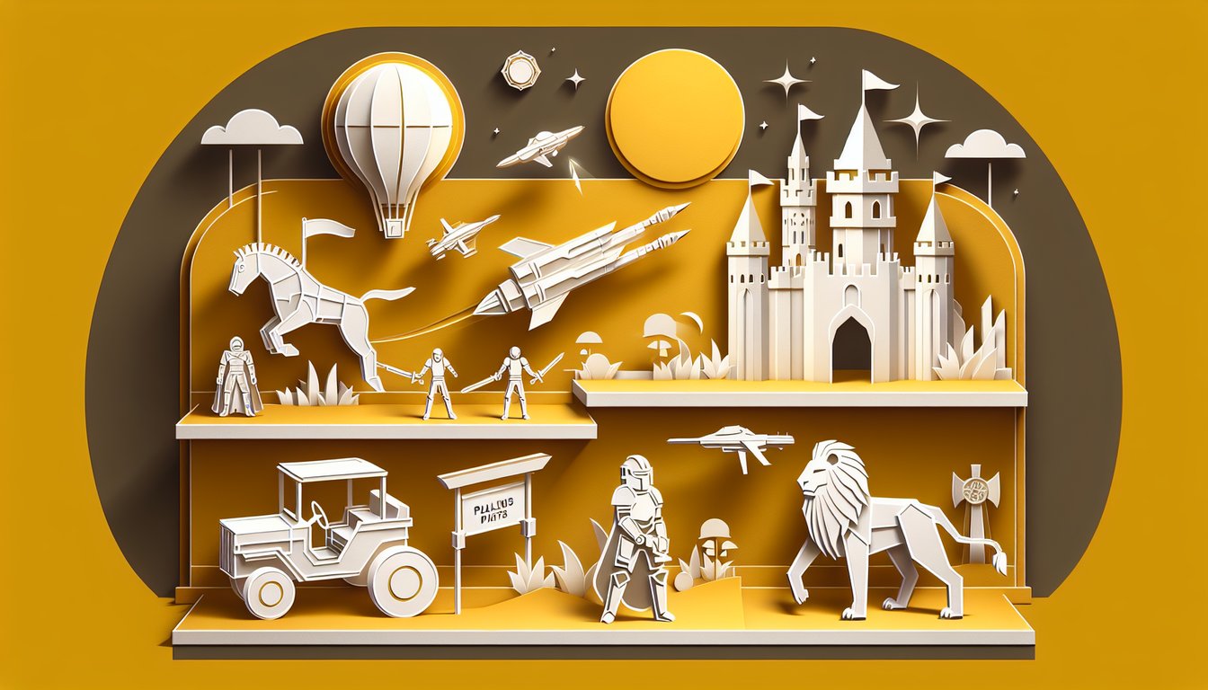Paper art style illustration of Voltron lion heads and Paladin symbols on golden yellow background for quiz