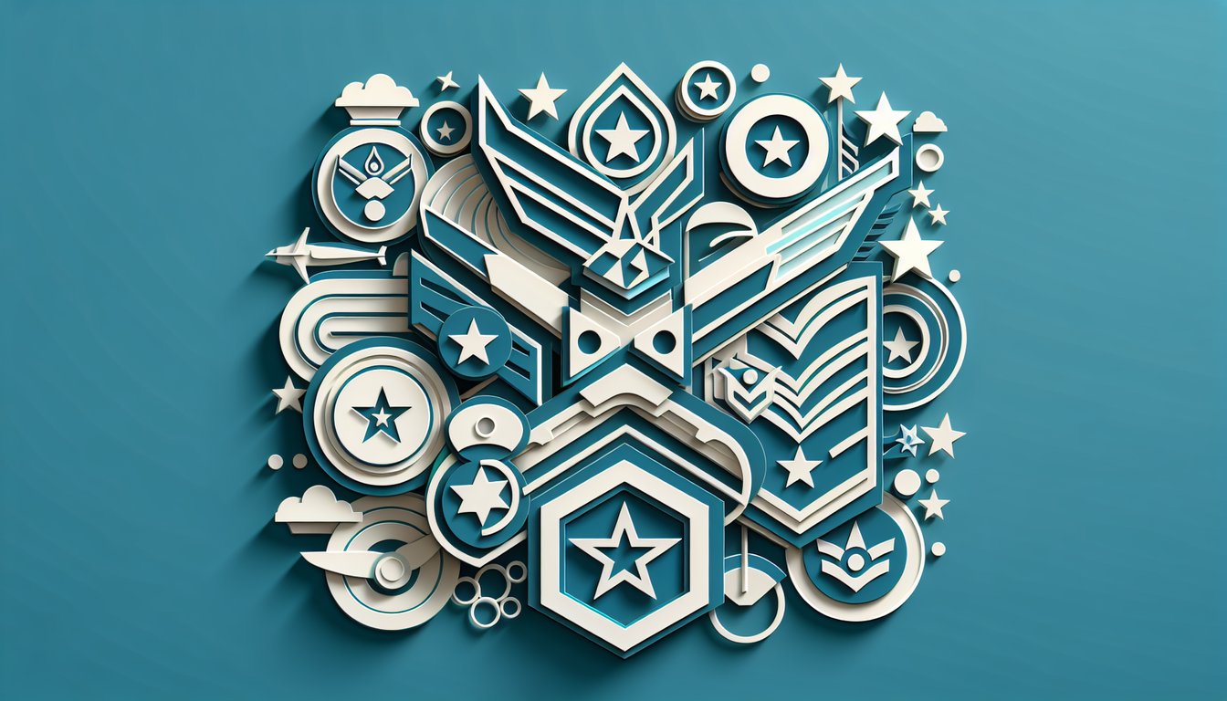 Paper cutout Air Force JROTC rank badges and question mark on teal background for cadet ranks quiz challenge