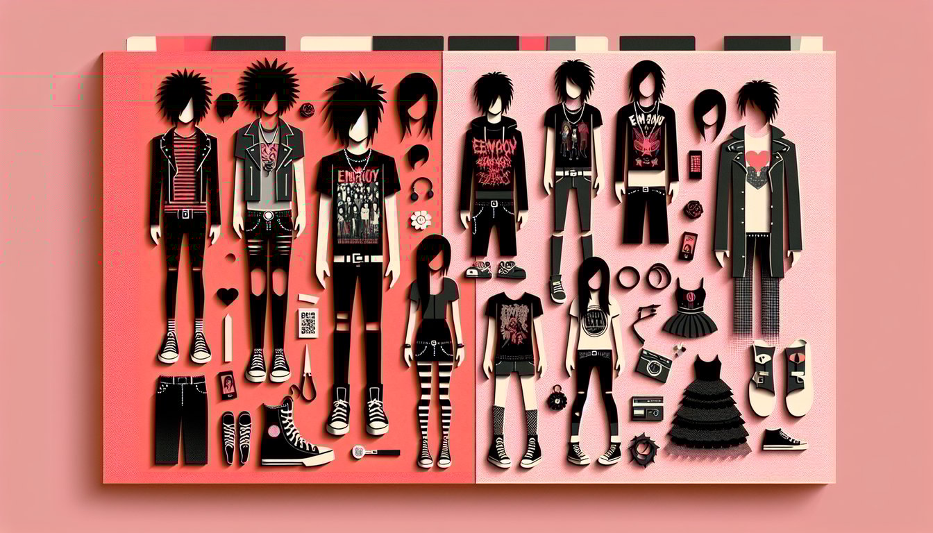 Paper art illustration for emo style personality quiz on a coral background