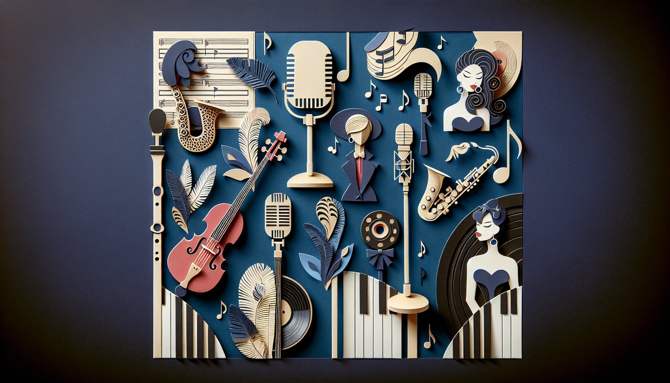 Colorful paper art featuring musical notes and instruments for Female Jazz Musicians Trivia Quiz.