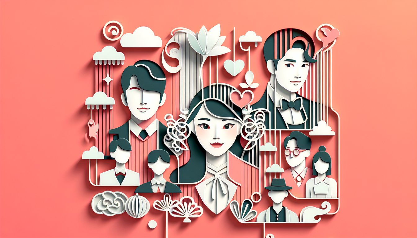 Paper art illustration for K-drama personality quiz on a coral background