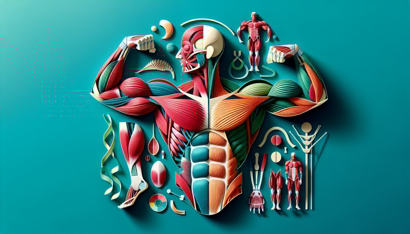 Paper art illustration of human muscles on teal background with quiz title about testing muscle anatomy and functions