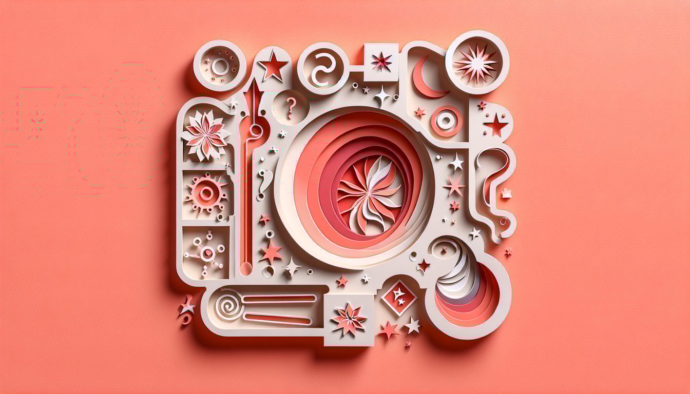 Paper art illustration for Madoka Magica personality quiz on a coral background