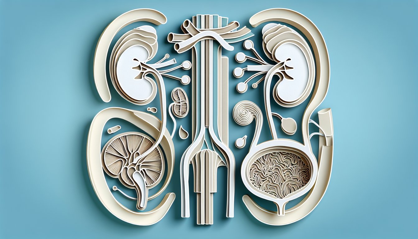 paper art kidneys bladder ureters on sky blue background for quiz on urinary combining forms like meat o and ureter o