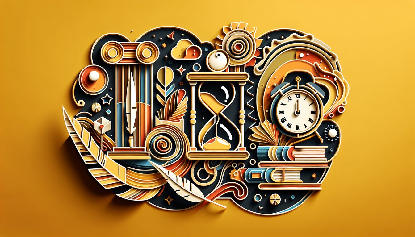Paper art scene featuring Spanish past progressive tense quiz title on golden yellow background