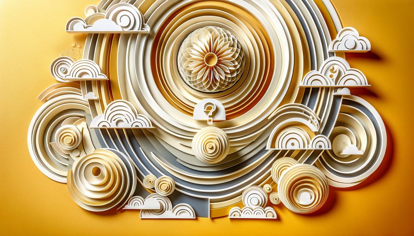 Paper art illustration depicting layered mystical shapes and Esper quiz title on golden yellow background