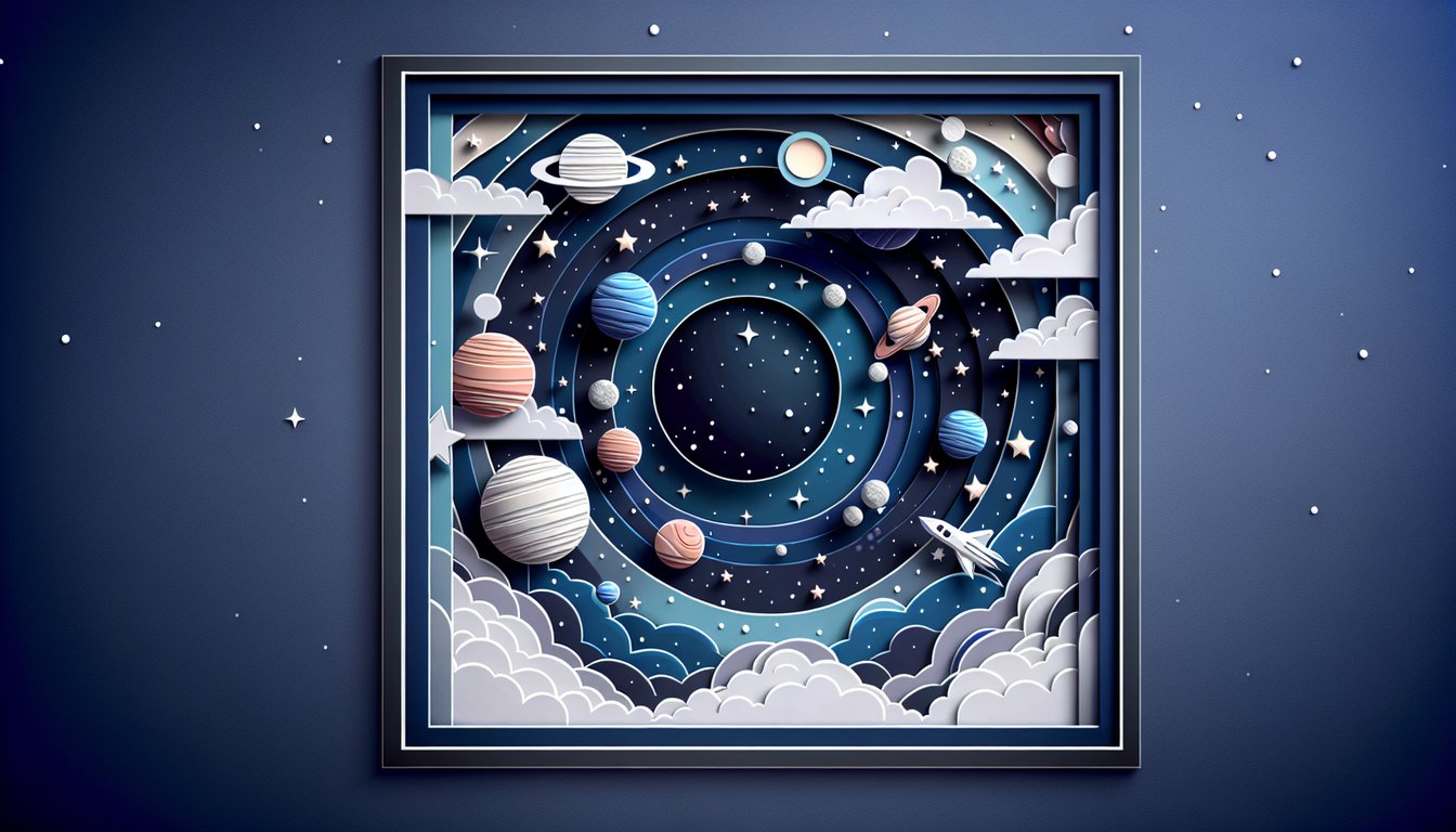 Paper art style planets stars cosmic shapes around quiz title on dark blue background