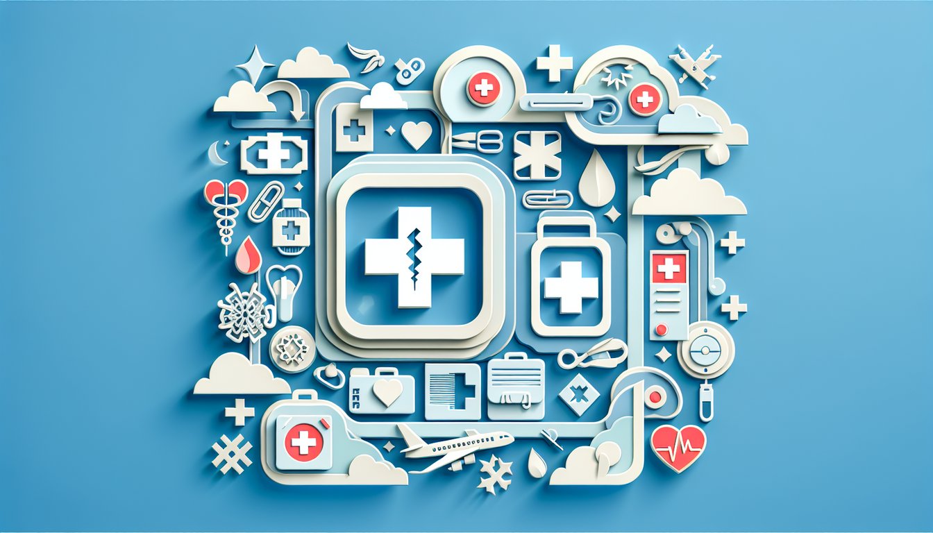 Paper art of first aid quiz items on sky blue background featuring bandage heart exam sheet pencil stopwatch