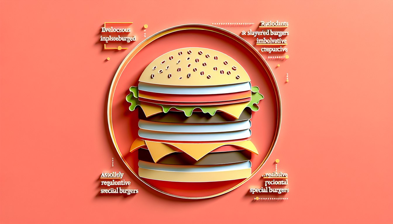 Paper art style cheeseburger with lettuce tomato cheese and bun on coral background promoting burger trivia quiz