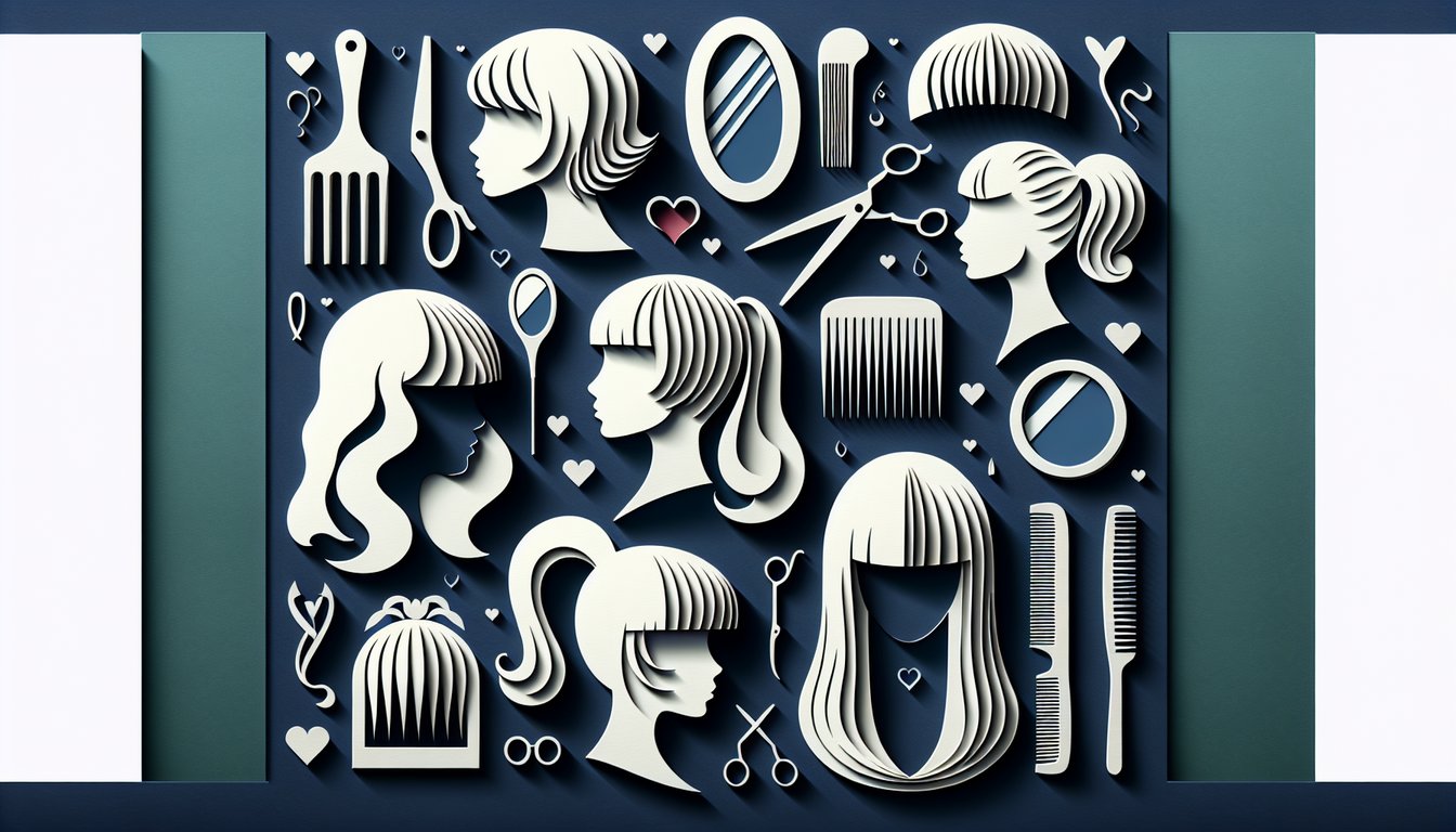 Paper art illustration for a quiz about finding the perfect fringe style on a dark blue background