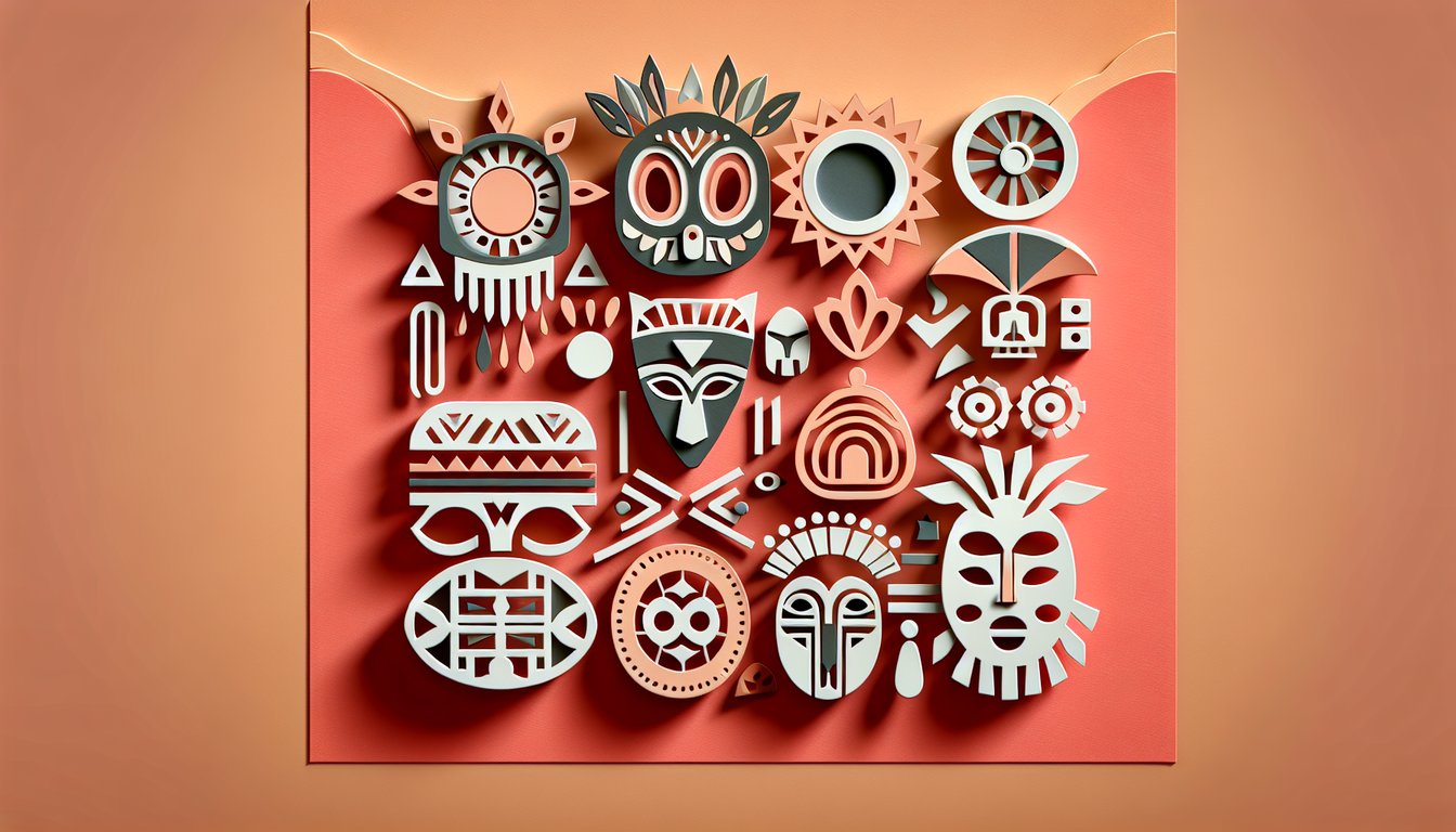 Paper art tribal masks and symbols on coral background for a personality quiz to uncover ancestral tribe roots.