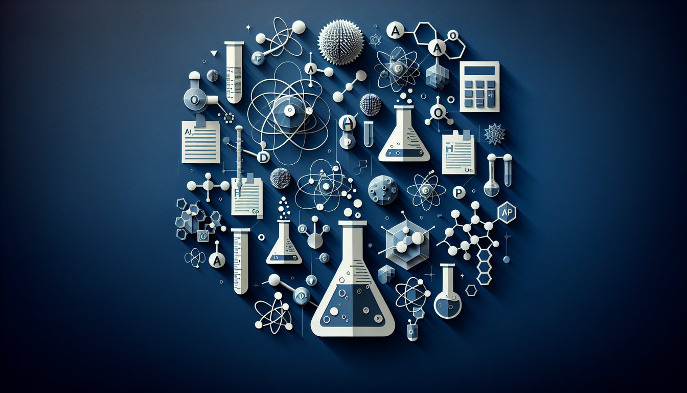 Colorful paper art promoting AP Chem MCQ Mashup trivia for advanced high school students.