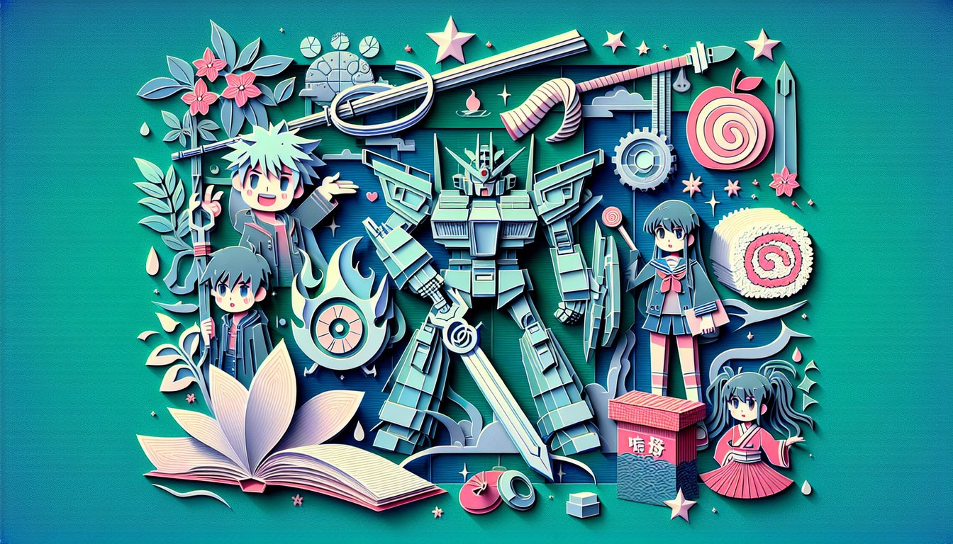 Anime character quiz paper art illustration on a teal background