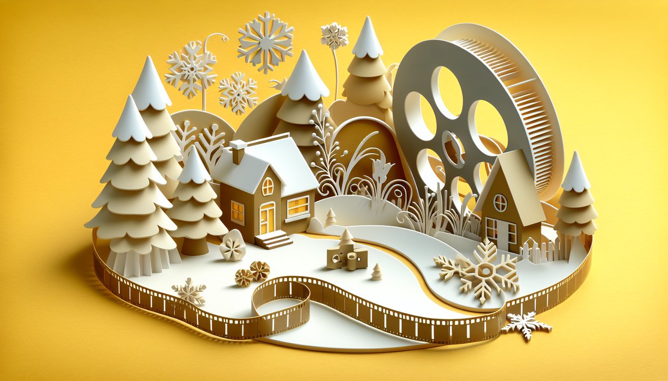 Paper art illustration for The Holiday movie trivia quiz on a golden yellow background