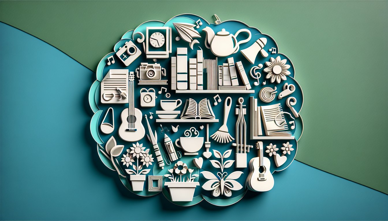 Paper art collage of hobby icons, paintbrush, camera, book, gardening tools on teal background promotes free hobby quiz