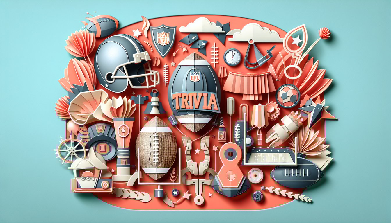 Paper art Oakland Raiders helmet and football icons on coral background for trivia quiz challenge.