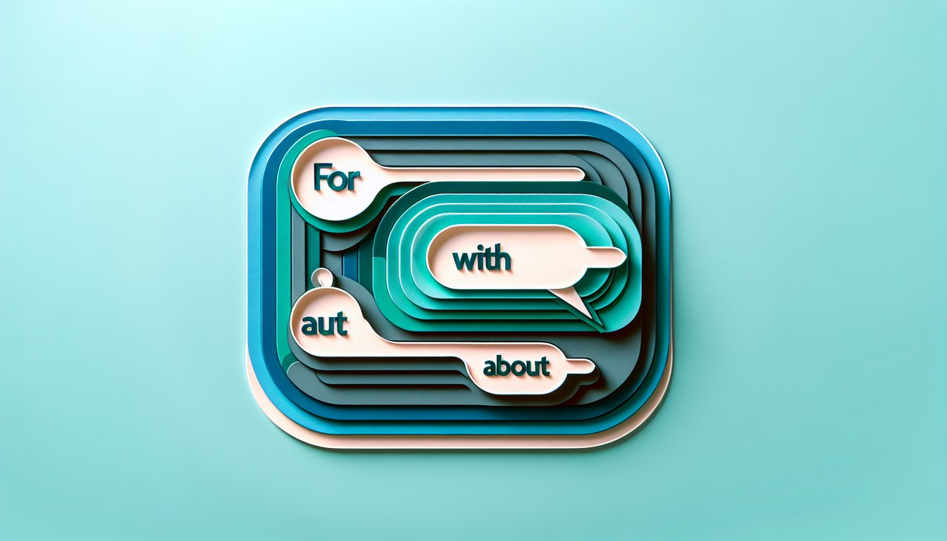 paper art scene with letters and icons on teal background promoting free fun quiz on English prepositions for with and about