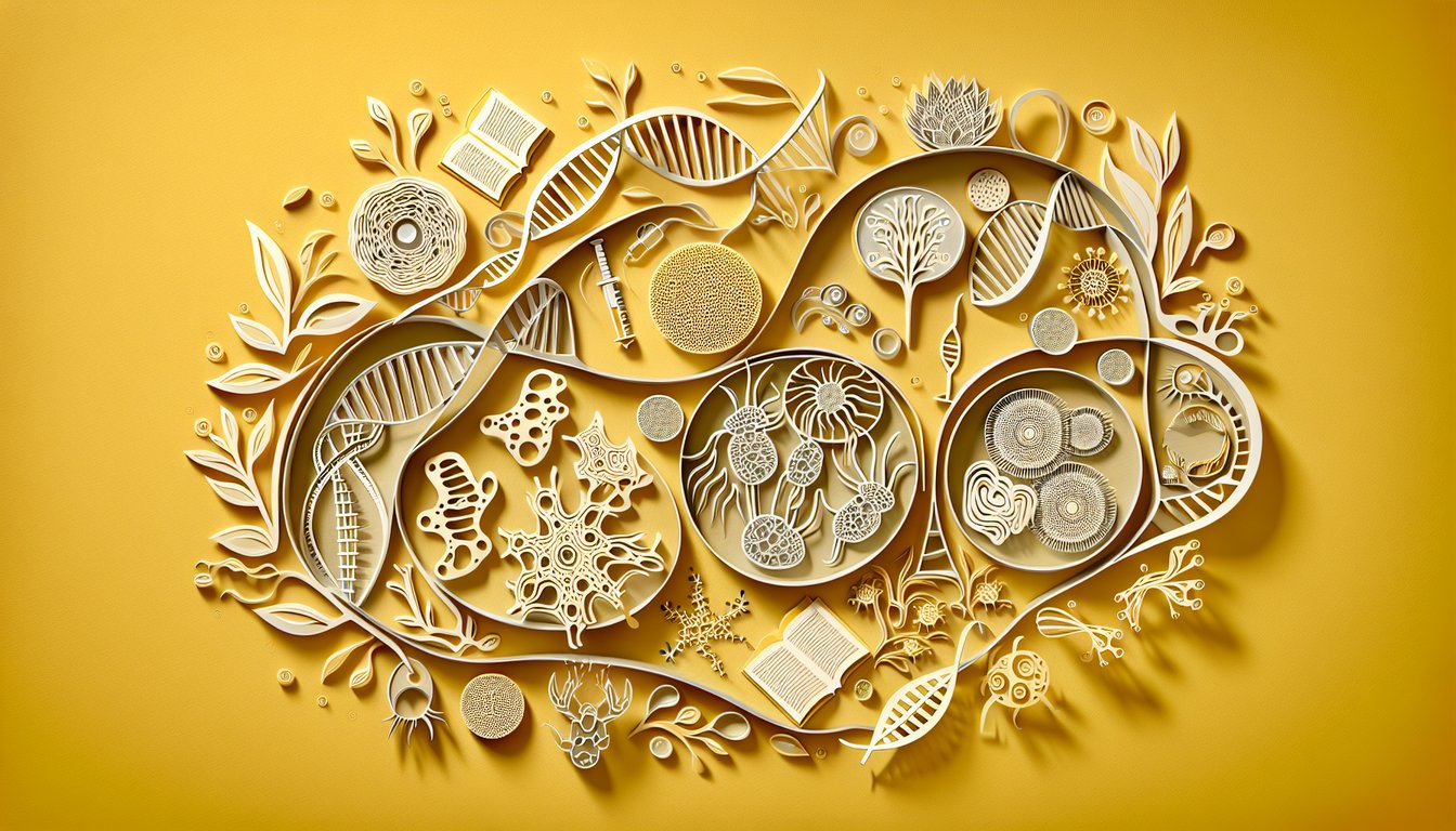 Paper art collage of cell dna helix leaf and microscope on golden yellow background for biology quiz