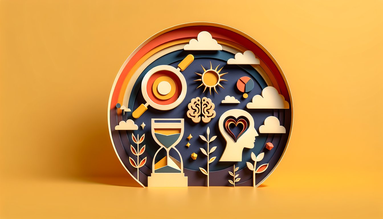 Paper art illustration for a future prediction personality quiz on a golden yellow background