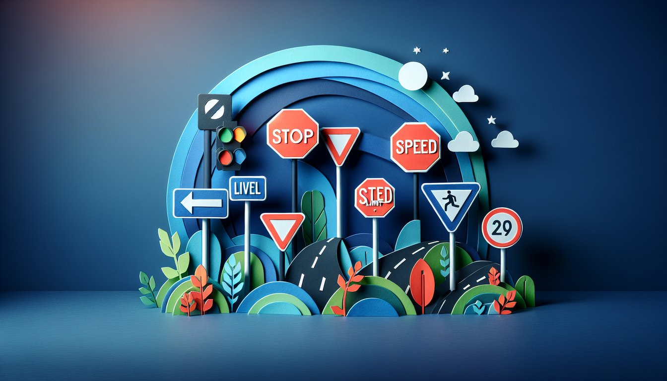 Colorful paper art promoting Traffic Signs Challenge trivia for high school students and aspiring drivers.