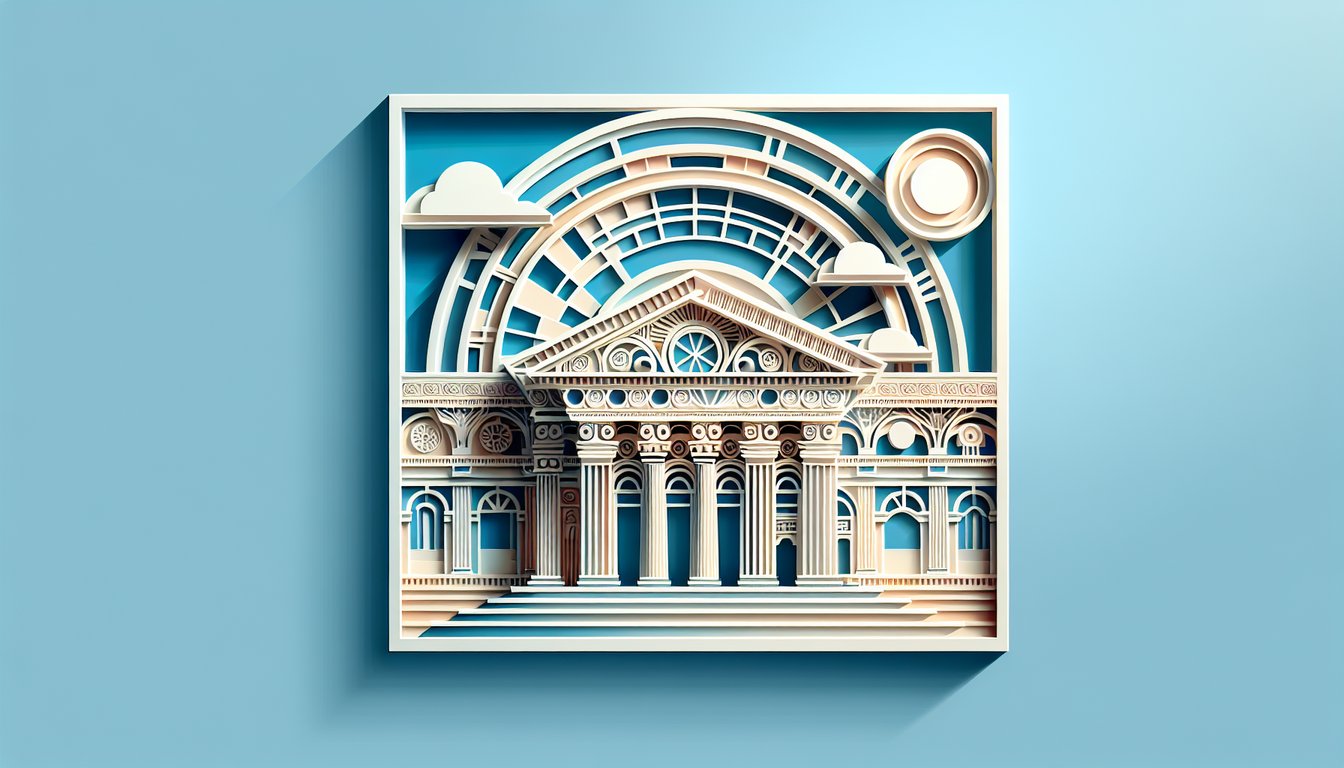 Paper art illustration showing iconic buildings rulers pencils and blueprints on sky blue background for architecture quiz