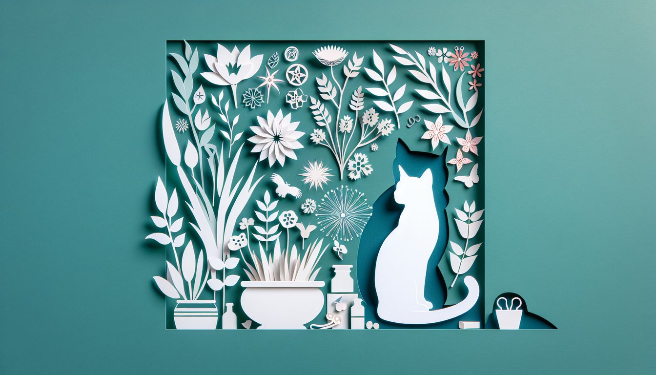 paper art illustration of medicine cat quiz prompt on teal background with stylized cat silhouettes herbs and paper layers