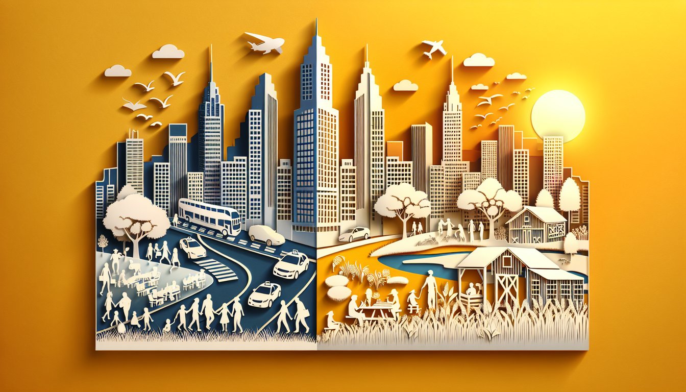 paper art city skyline and country barn on golden yellow background for city girl vs country girl lifestyle quiz