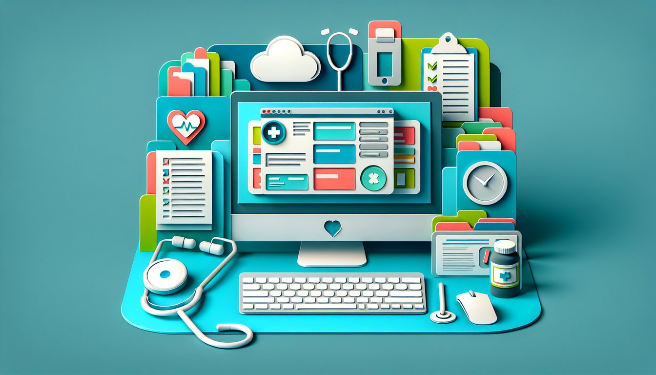 Paper art illustration of EMR practice test essentials icons and text on a teal background