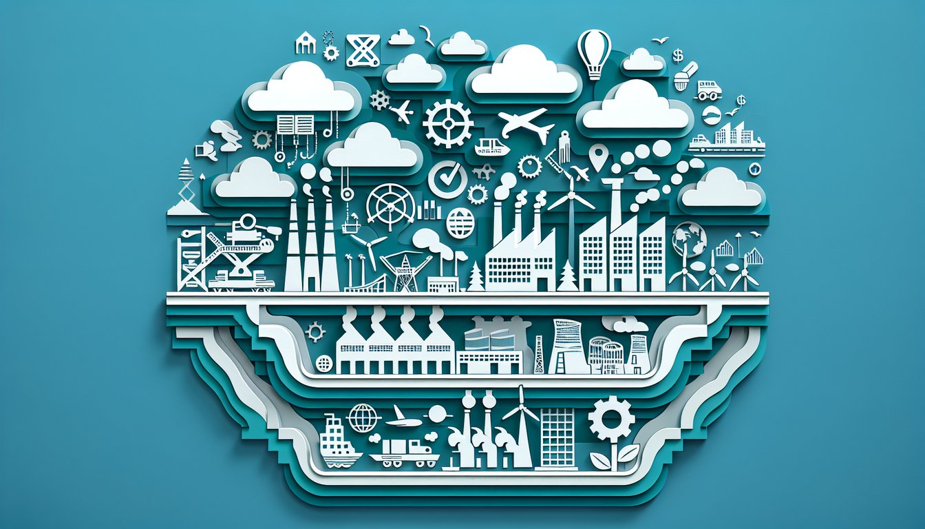 paper art illustration of AP Human Geography quiz ancillary activities and non basic industries icons on teal background.
