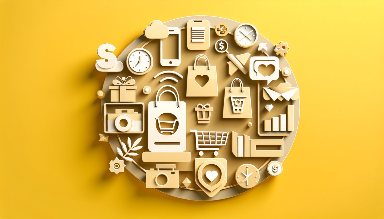 Paper art illustration for shopping addiction quiz on a golden yellow background