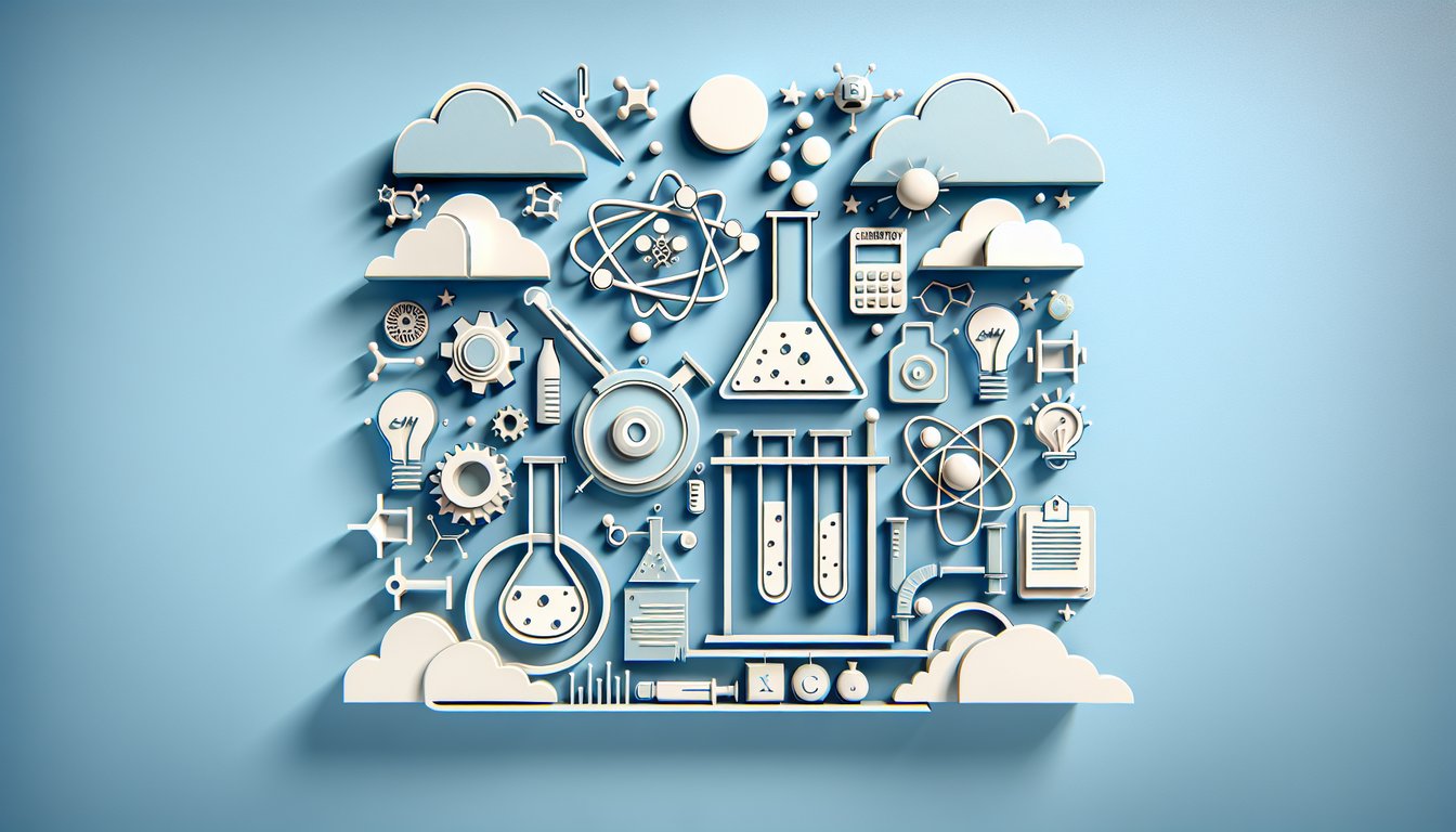 Paper art style chemistry quiz design with cutout molecules test tubes question blank on sky blue background