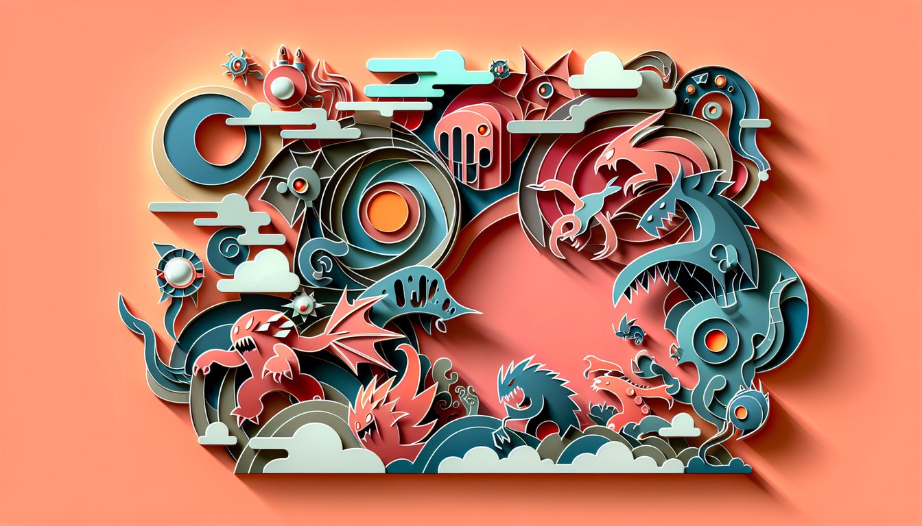 Paper art illustration for a free Monster Hunter Stories quiz on a coral background.