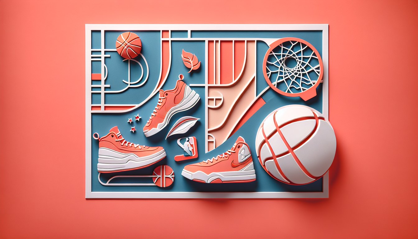 Paper art illustration for NBA Logo Quiz with team emblems on a coral background