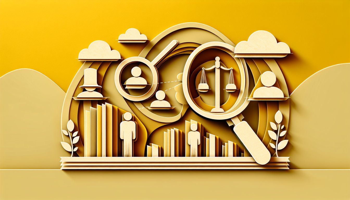 paper art illustration for job analysis quiz on golden yellow background featuring forms magnifying glass and charts