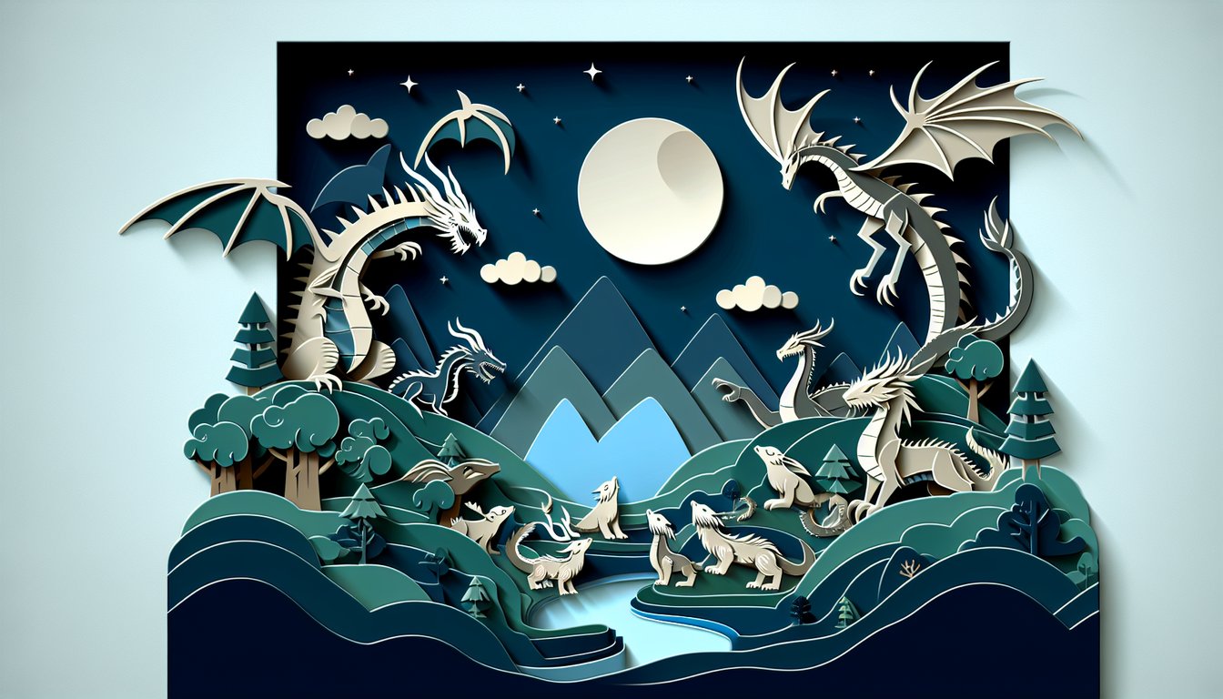 Paper art illustrating a food chain quiz with a dragon theme on a dark blue background