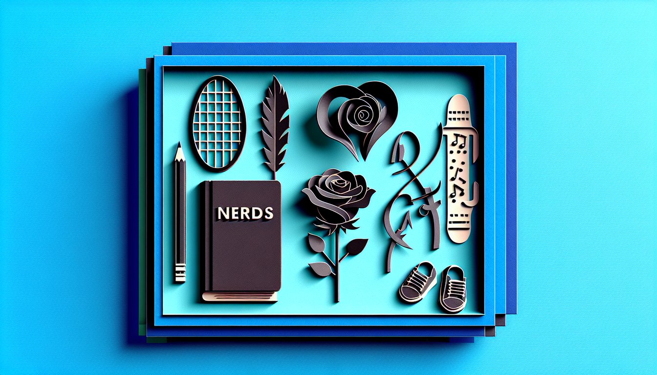 Paper-cutout quiz art featuring jock nerd prep goth figures against sky blue backdrop