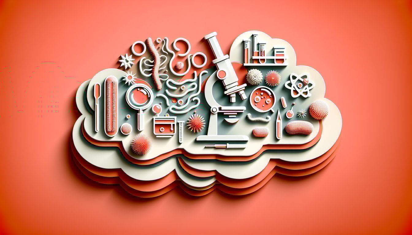 Paper art microbes fruits test tubes spoons on coral background representing advanced food microbiology quiz challenge