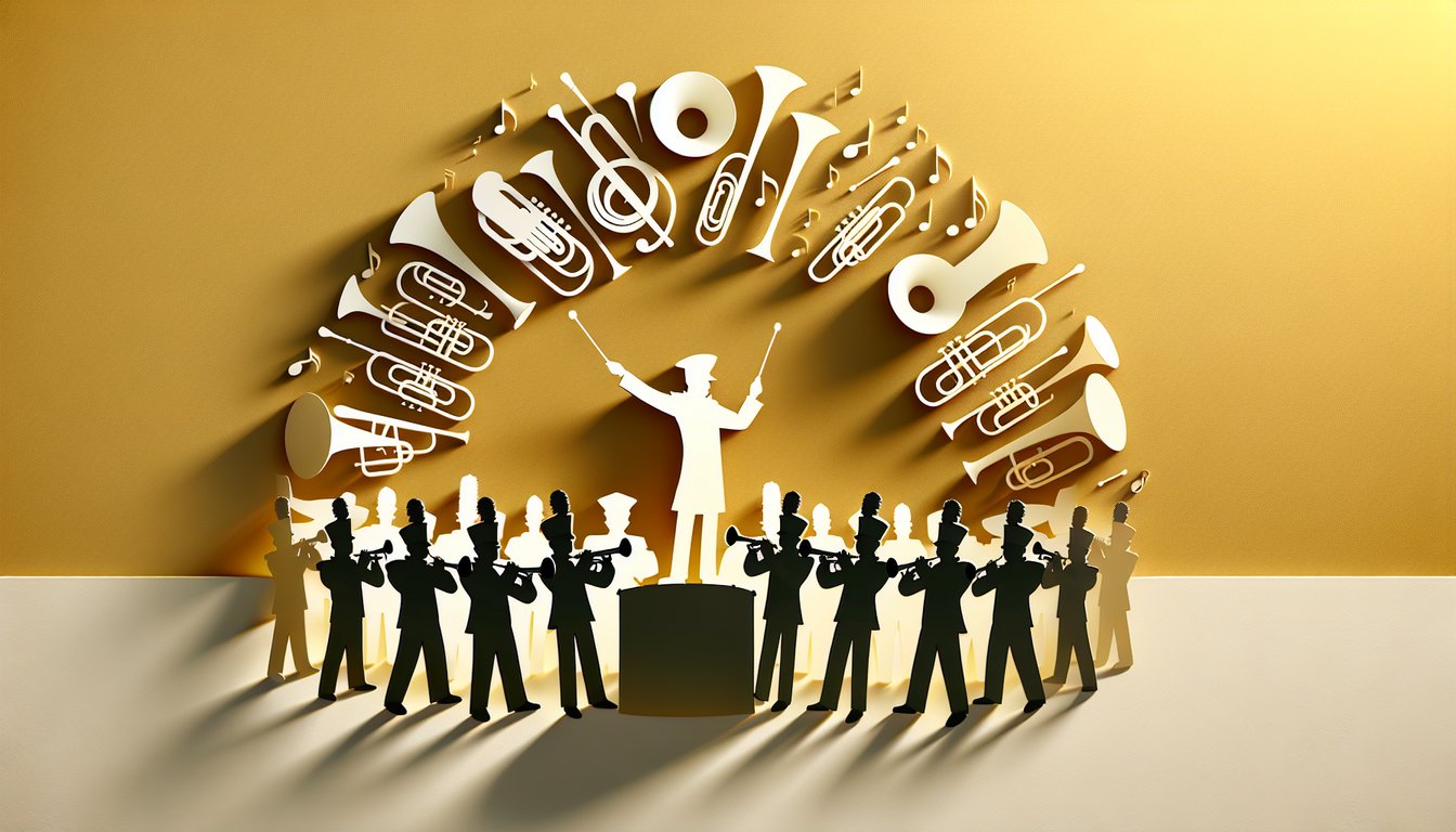 Paper collage style John Philip Sousa portrait with marching band instruments and quiz text on golden yellow backdrop