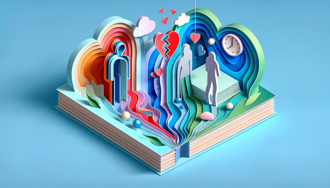 Paper art illustration of disengaged couple in slumped pose holding broken heart quiz icons on sky blue background