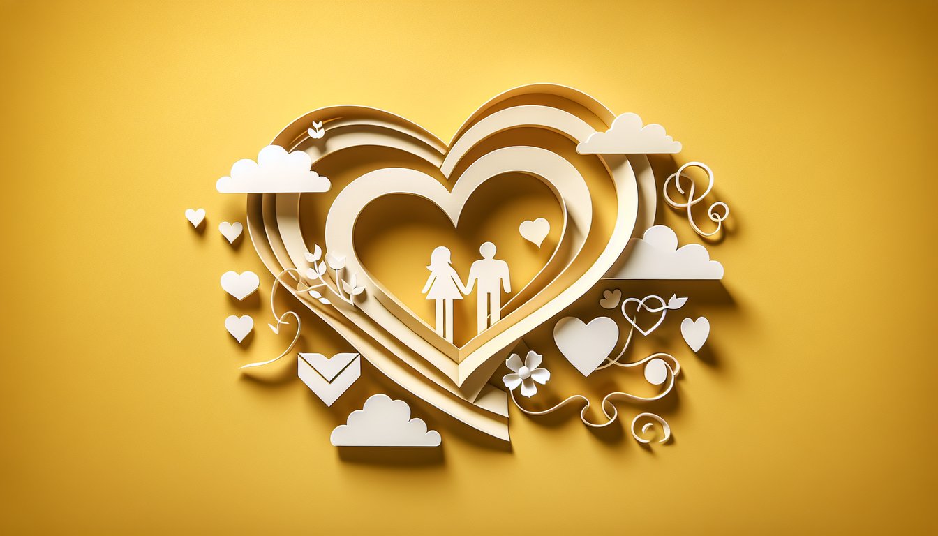 Paper art illustration for Does He Still Love Me quiz on golden yellow background