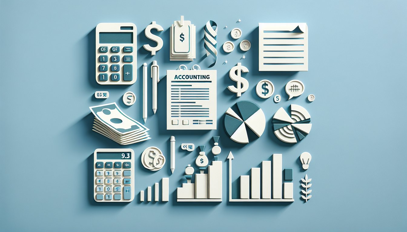 Paper art illustration of notebooks pens charts on sky blue background symbolizing free accounting quiz chapters 1-4.