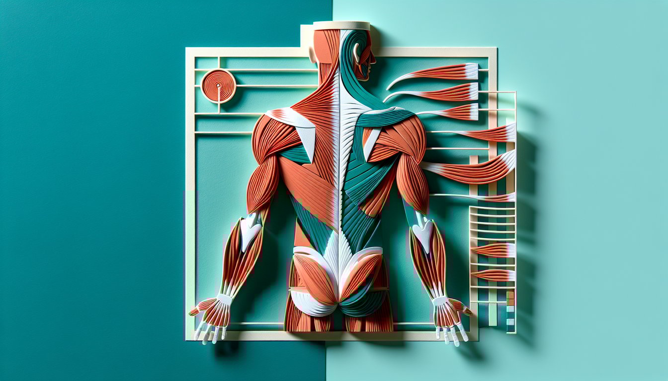 Cut paper art trunk muscle diagram with labels on teal background for anatomy quiz