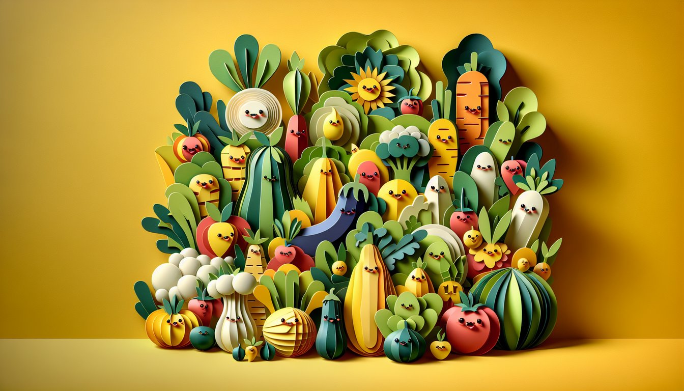 Paper art illustration for a veggie personality quiz on a golden yellow background