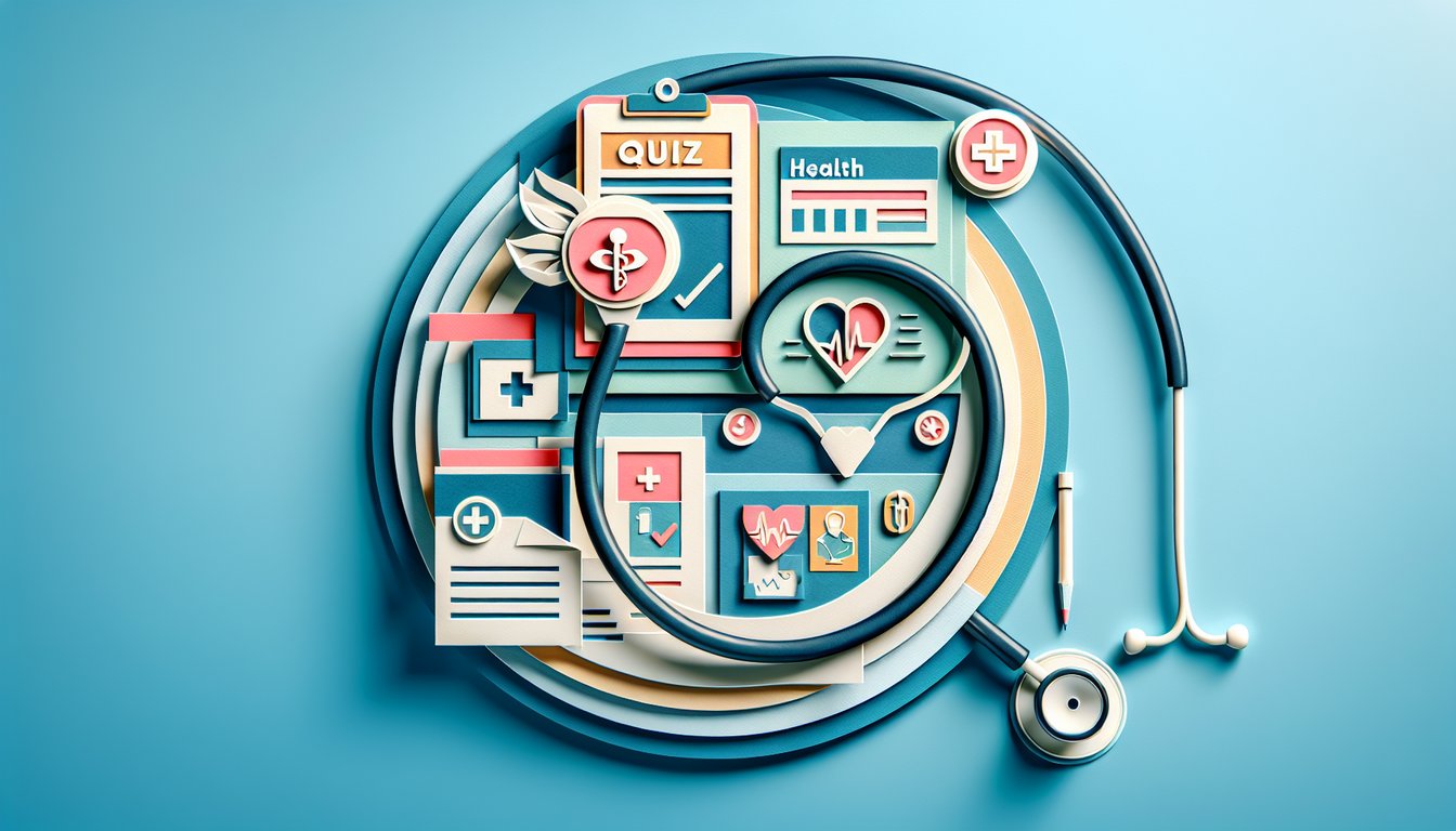 Paper art scene showing stethoscope health icons quiz symbols on sky blue background for medical insurance basics test
