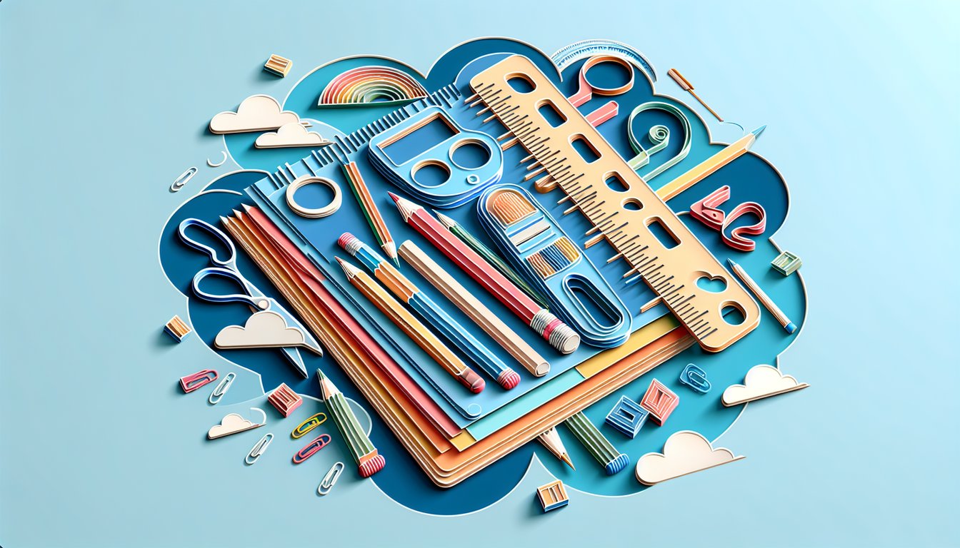 Paper art ruler and pencil set against sky blue background for free French school supplies vocabulary quiz