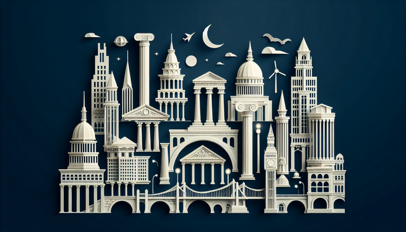 Colorful paper art depicting various architectural styles for an Architecture Knowledge Trivia Quiz.
